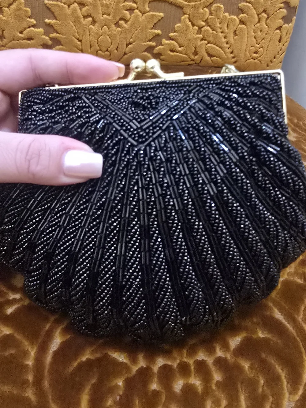 La Regale Black Beaded Shell Clutch with Gold Chain